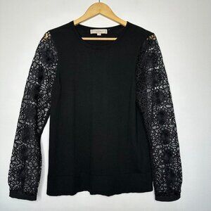 Ann Taylor Loft Sweater Size L Black Lace Long Sleeve Sheer Wool blend